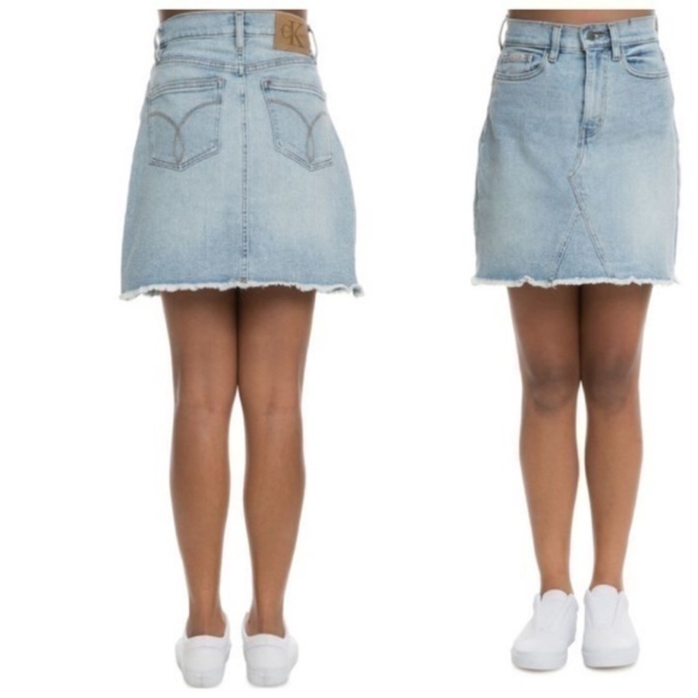 Calvin Klein A Line High Rise Distressed Denim Jean Skirt Womens Size 24